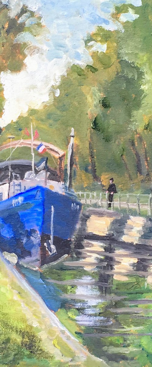 Houseboat on the Canale Centrale in Burgundy. Original oil painting by Julian Lovegrove Art