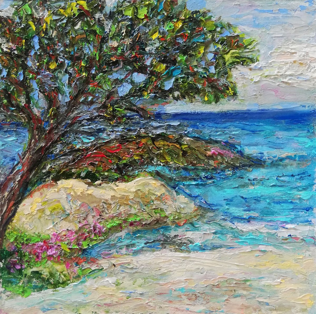 Impressionistic Landscape Oil Painting By Katia Ricci, 8 X 8", Tropical Serenity, Original Artwork