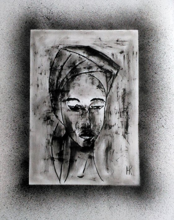 Woman portrait original oil monoprint on paper black monochrome art" In thoughts"