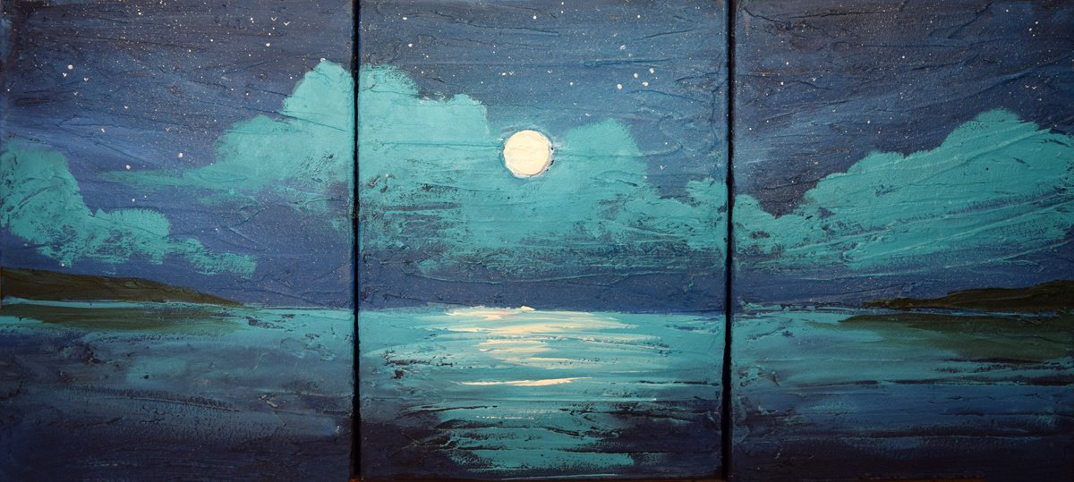 Impressionistic Abstract Painting By Stuart Wright, 35 X 16", Mid Summer Moon, Original Artwork