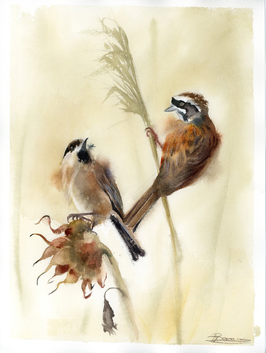Impressionistic Animal Watercolour By Olga Tchefranov (Shefranov), 11 X 15", 2 Brown Birds In Warm Hues, Original Artwork