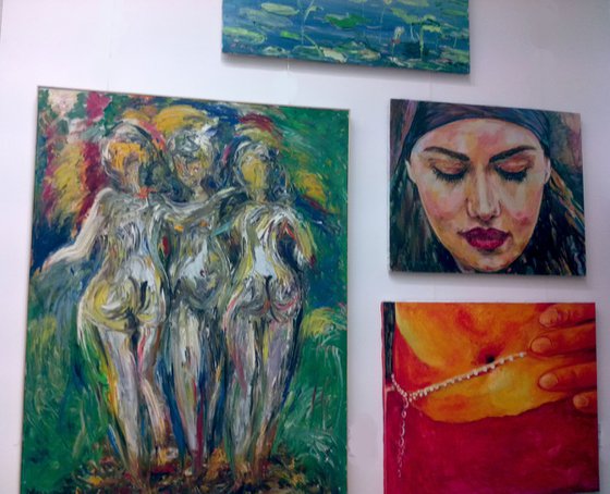 NECKLACE -  original oil painting, figurative, indian oriental scene, yellow red vivid colours, tummy