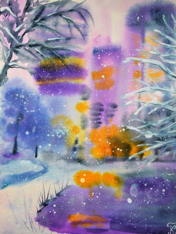 Winter New York Painting, Snowy Central Park Watercolour Art, Abstract Cityscape