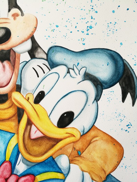 Old Friends. Mickey, Donald and Goofy Watercolour on paper. Free Worldwide Shipping