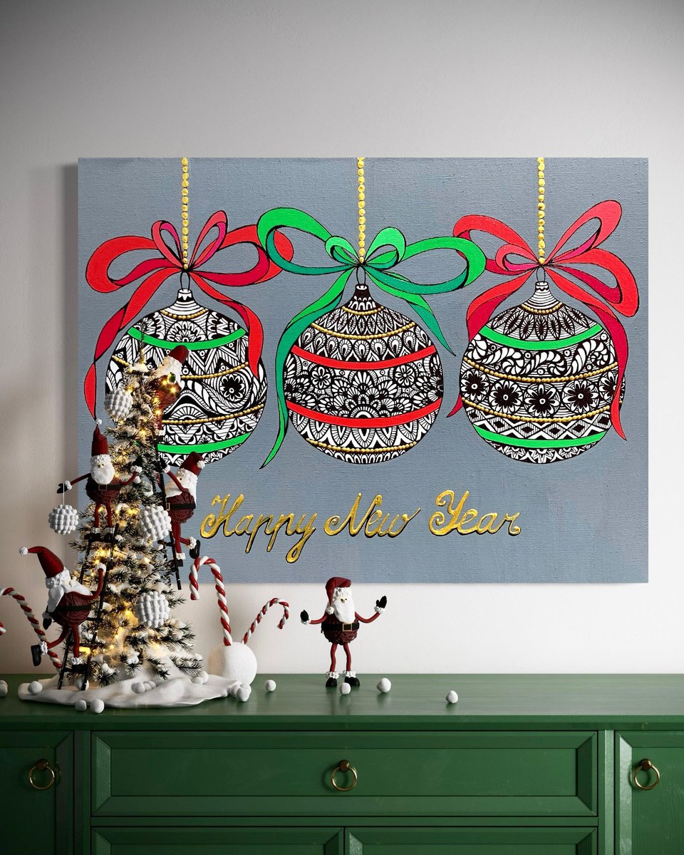 Graphic Still Life Acrylic Painting By Maria Tuzhilkina, 16 X 12", New Year Postcard, Original Artwork