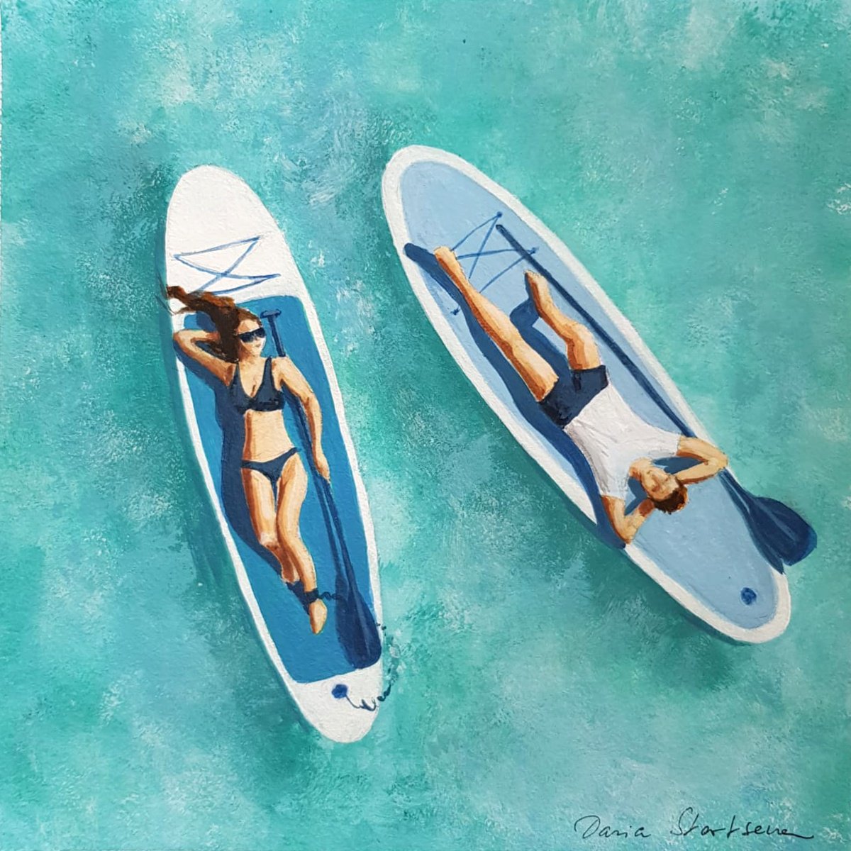 Illustrative Portrait Acrylic Painting By Daria Startseva, 9 X 9, Couple On Sup Boards, Original Artwork