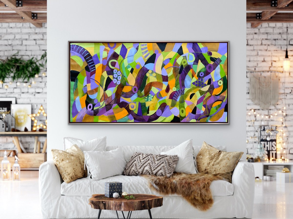 Organic Abstract Acrylic Painting By Rashna Hackett, 72 X 37", Whispering Violets, Original Artwork
