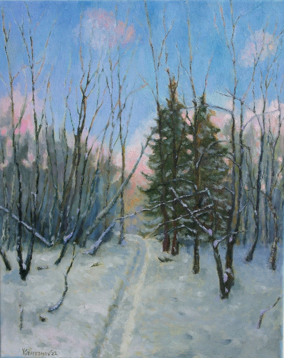 Impressionistic Landscape Oil Painting By Juri Semjonov, 16 X 20", Winter Landscape, Original Artwork