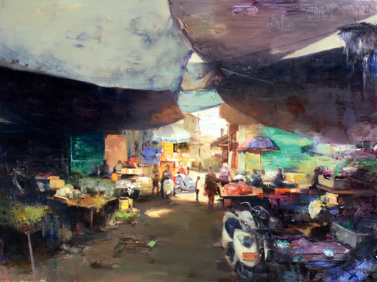 Impressionistic Cityscapes Oil Painting By Jianzhe Chon, 63 X 47, Chinese Local Marketplace 01, Original Artwork