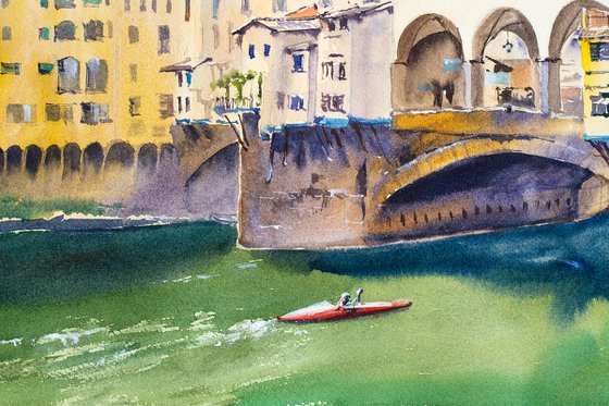 Sunset in Florence. View of the Ponte Vecchio. Medium format watercolor urban landscape Mediterranean italy sea bright architecture