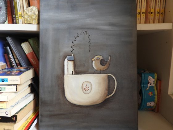 A special cup with a bird