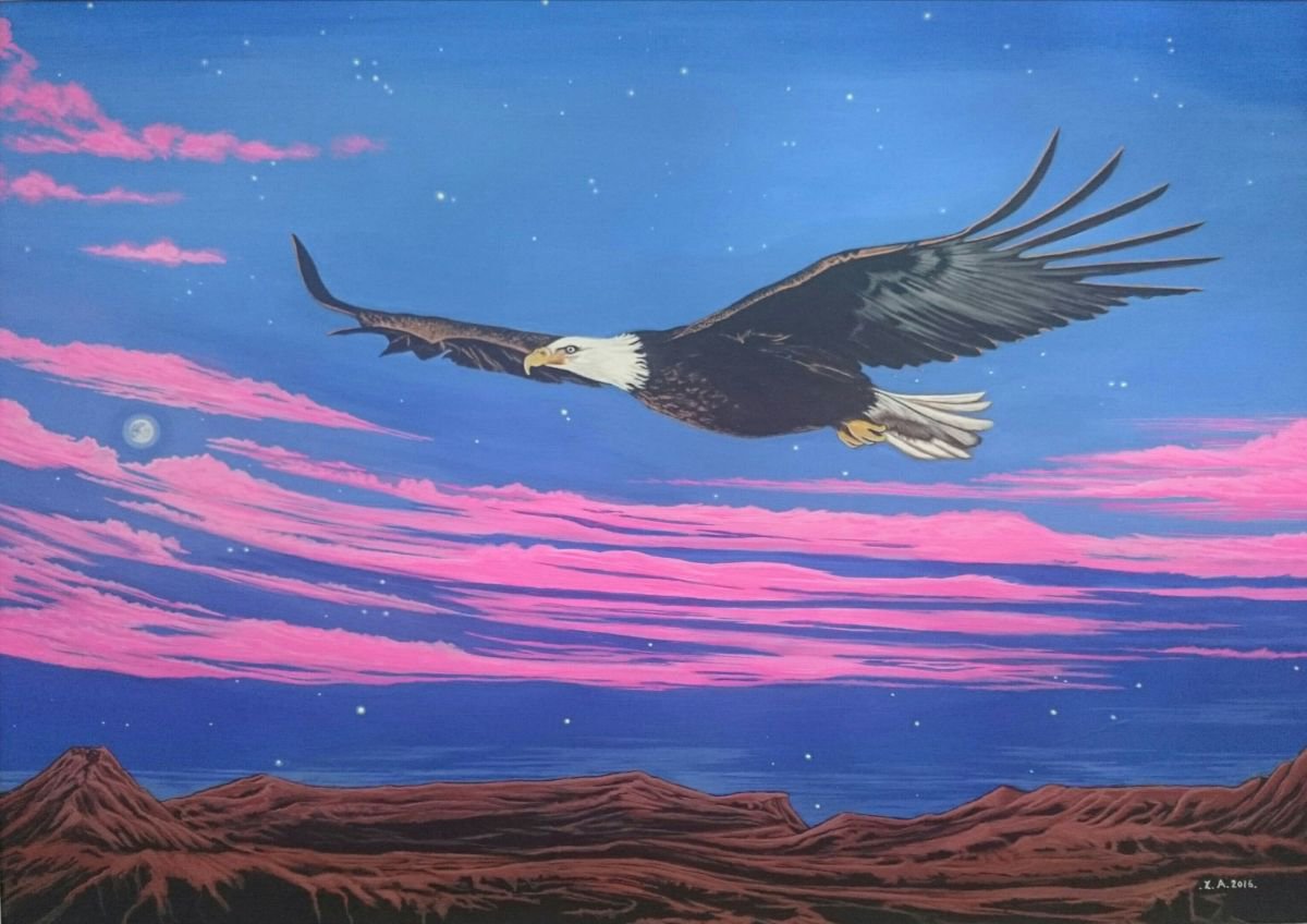 Animal Acrylic Painting By Zoe Adams, 19 X 15", Night Flight, Original Artwork