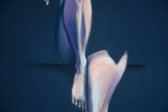 "I'm waiting '",Original acrylic painting on hand stratched fabric 50x105x2cm from serie " Blue dimension"