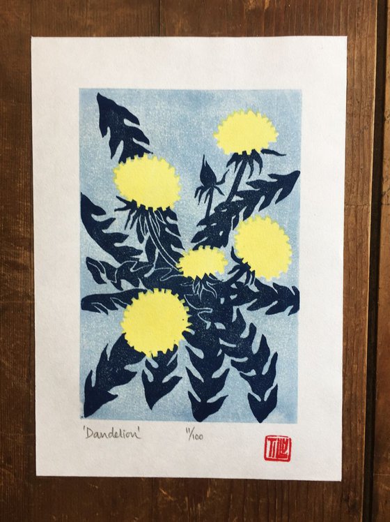 Dandelion, Japanese Woodblock print, woodcut