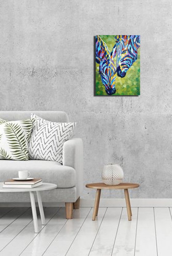 Colored stripes  - zebras, oil painting, love, animals, zebra face, lovers, animal oil painting, gift