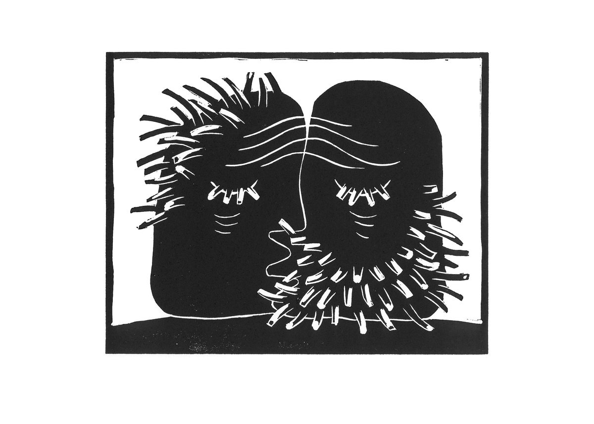 Surrealistic Portrait Linocut By Oleksandr Korol, 12 X 8", Kiss, Original Artwork