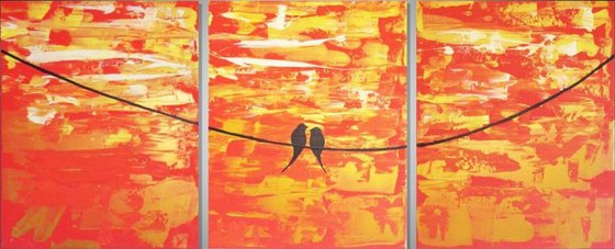 love birds original abstract landscape "Sitting in the sunshine" painting art canvas - 54 x 24 inches romance orange yellow gold