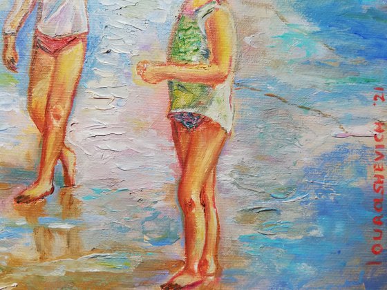 "Two Girls Playing with a Kite " Original Oil Artwork 7 by 10" (18x24cm)