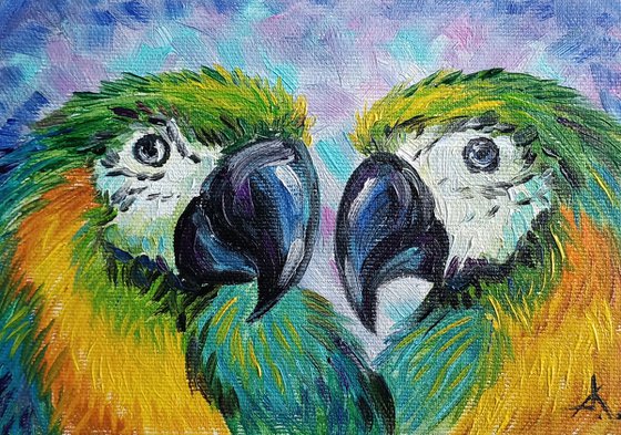 Love story - bird, parrots, painting on canvas, gift, parrots art, art bird, animals oil painting