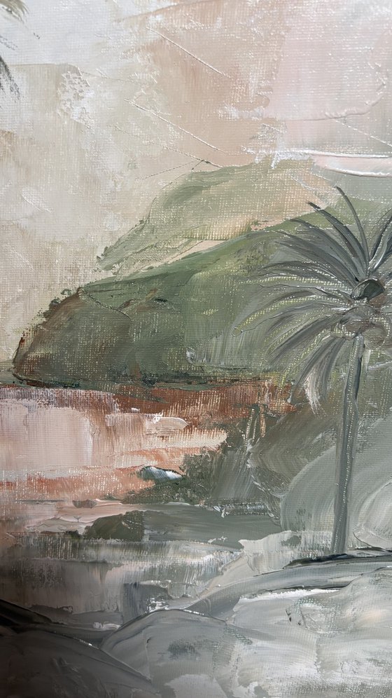 Tropical Reverie Palm Trees, Hills, Water