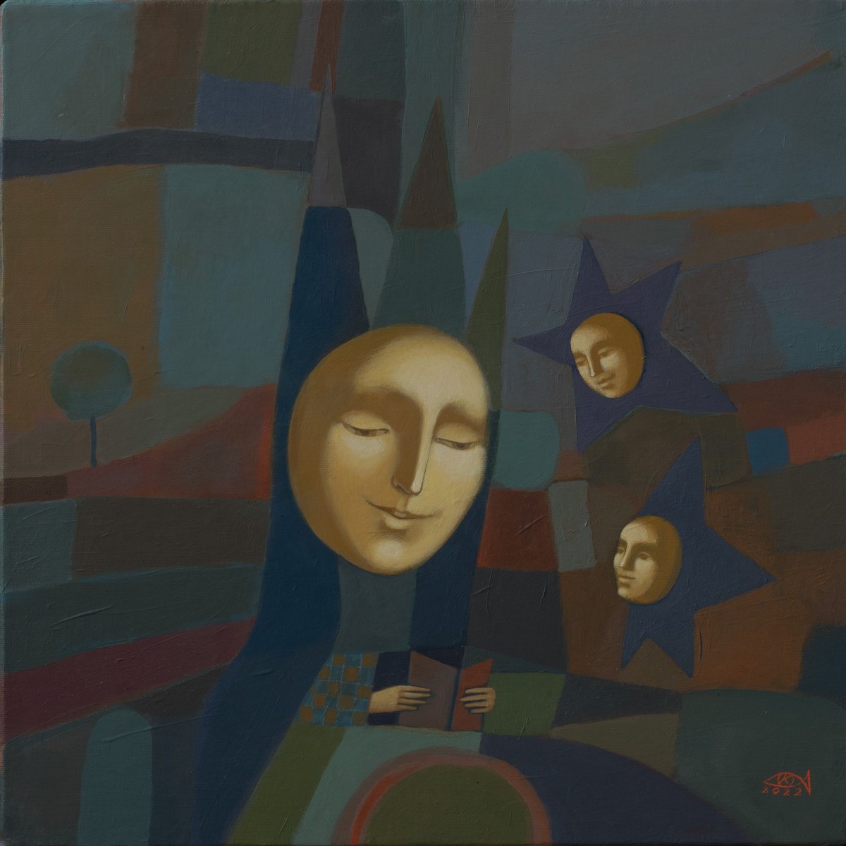 Surrealistic Portrait Acrylic Painting By Katsiaryna Ozdemir, 16 X 16", Full Moon