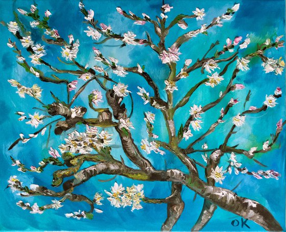 Almond blossom on turquoise inspired by Vincent Van Gogh oil painting ready to hang