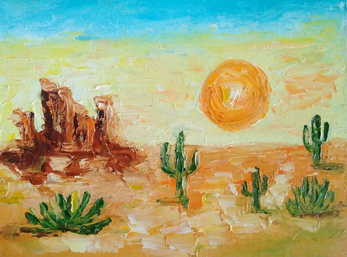 Desert Painting Landscape Original Art Tucson Arizona Cactus Artwork Saguaro Wall Art by Yulia Berseneva