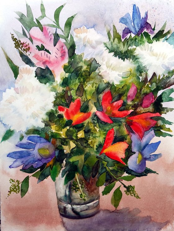 Motley Flowers in a Vase Watercolor Colorful Floral Painting
