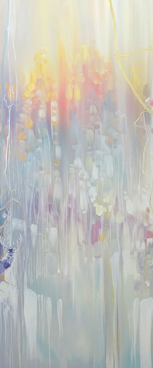 White Winter Hart - large original oil painting of a white hart deer stag in a semi abstract winter landscape by Gill Bustamante
