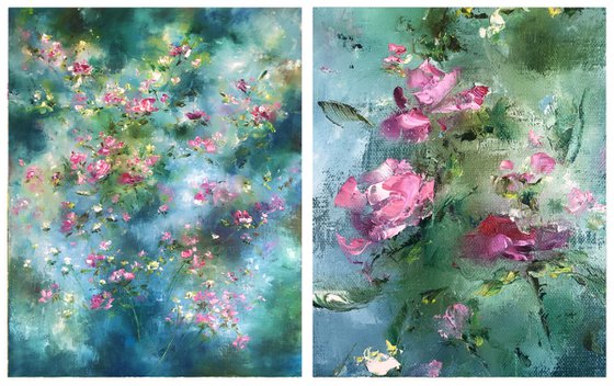 ATTRACTION - Set of 2 roses. Little ones. Shabby chic diptych. Rain. Emerald. Shine. Haze.