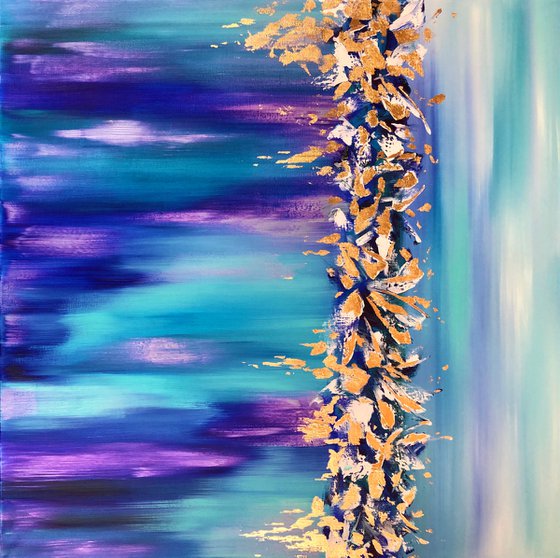 GOLDEN FLOWERS IN THE NORTHERN LIGHTS - Beautiful abstraction. Cold tones. Purple. Very Peri. Gilding. Northern Lights. Overflows. Flowers.