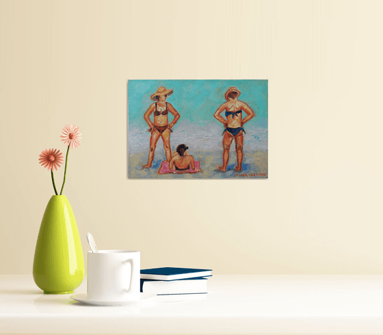 "Three Women Sunbathing " Original Oil on Canvas Board Painting 6 by 8.5 inches (15x21 cm)