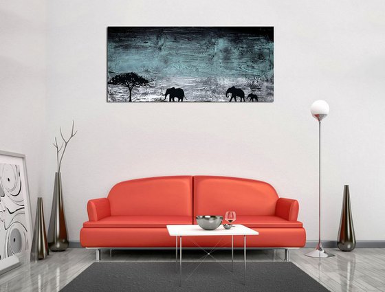 elephants in turquoise haze" africa animal painting
