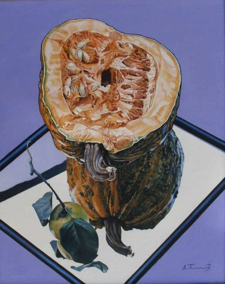 Photorealistic Still Life Oil Painting By Alexander Titorenkov, 16 X 20, Pumpkin In A Mirror, Original Artwork