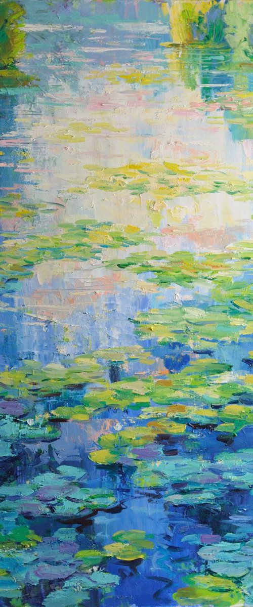 Abstract morning over the pond  80x120cm water lilies oil painting landscape by Nataliia Nosyk