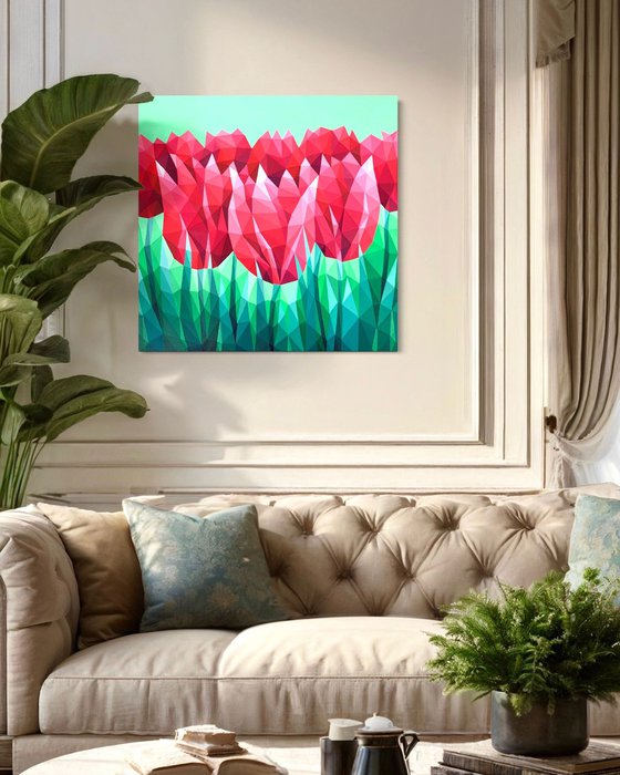 SCARLET TULIPS ON GREEN