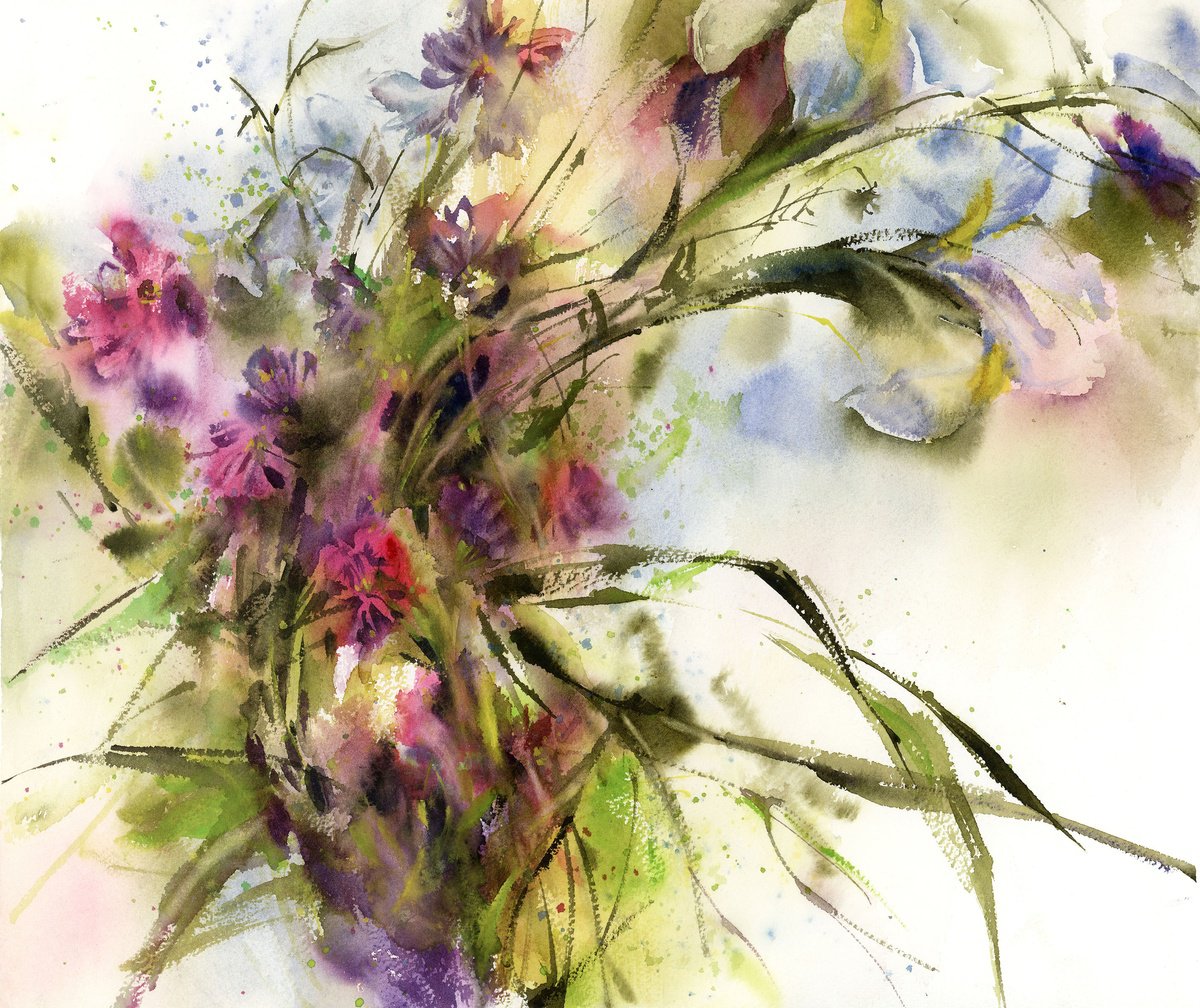 Impressionistic Botanical Watercolour By Sophie Rodionov, 17 X 15", Bouquet Irises And Clovers, Original Artwork
