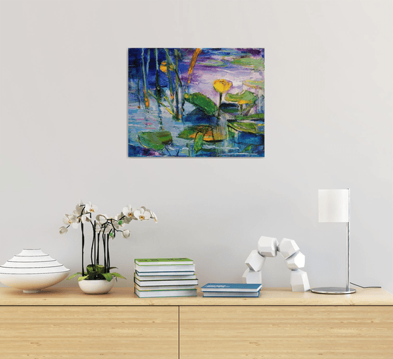 Water lilies oil painting | Impressionistic Yellow and blue