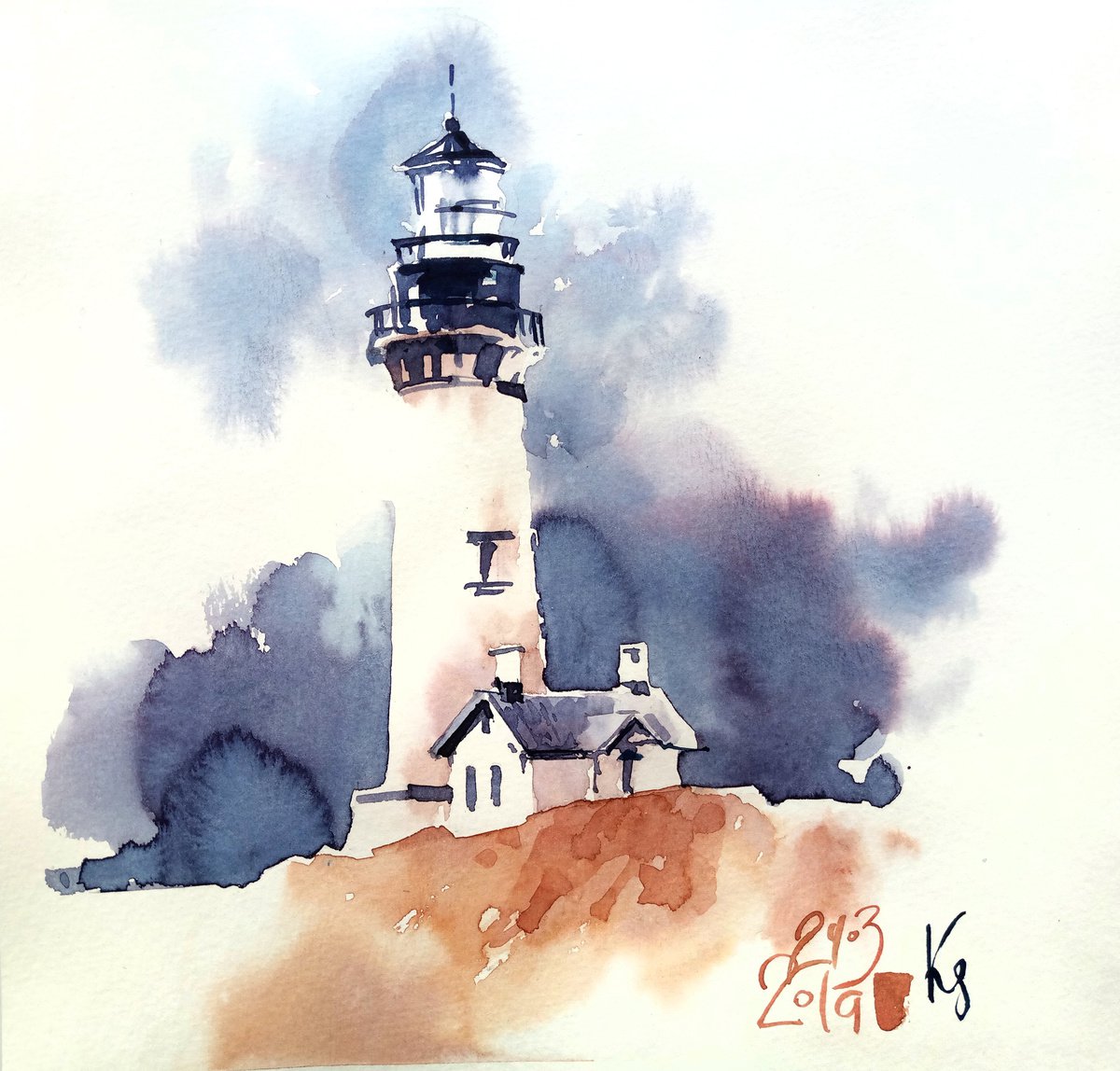 Impressionistic Landscape Watercolour By Ksenia Selianko, 9 X 9", Lighthouse. Storm At Sea, Original Artwork