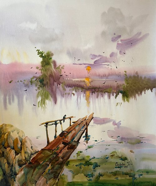 Watercolor “Sunset time” perfect gift by Iulia Carchelan