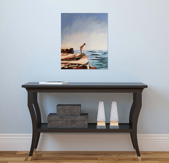 Jump or not? - Woman on Rocks Seascape Original Painting