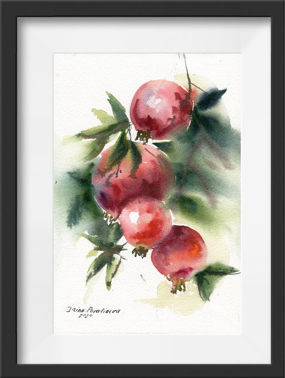 Pomegranates, 27,5x18,5 cm watercolor, red, still life, gift, small size