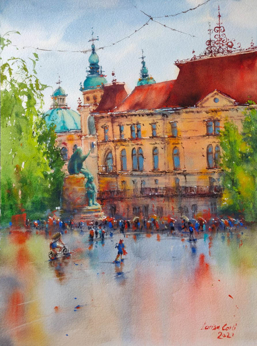 Ljubljana after rain | Original watercolor painting by Larisa Carli