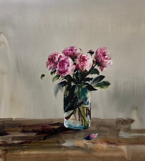Watercolor “Still life with peonies” perfect gift by Iulia Carchelan