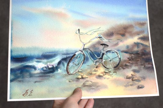 Bicycle by the sea, Watercolor painting