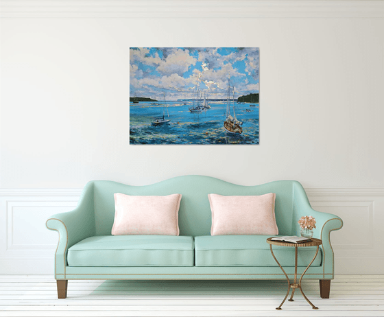 Morning on the bay (mixed-media, acrylic and gold leaf) (36x48x1.5")