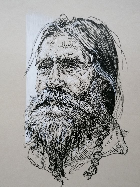 Old man portrait. Ink drawing
