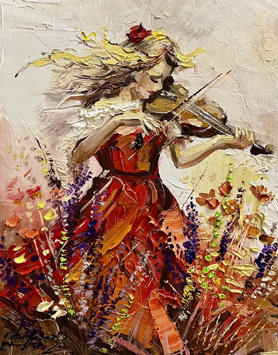 Impressionistic Portrait Oil Painting By Vahe Bagumyan, 9 X 12", Violin Of The Wind, Original Artwork