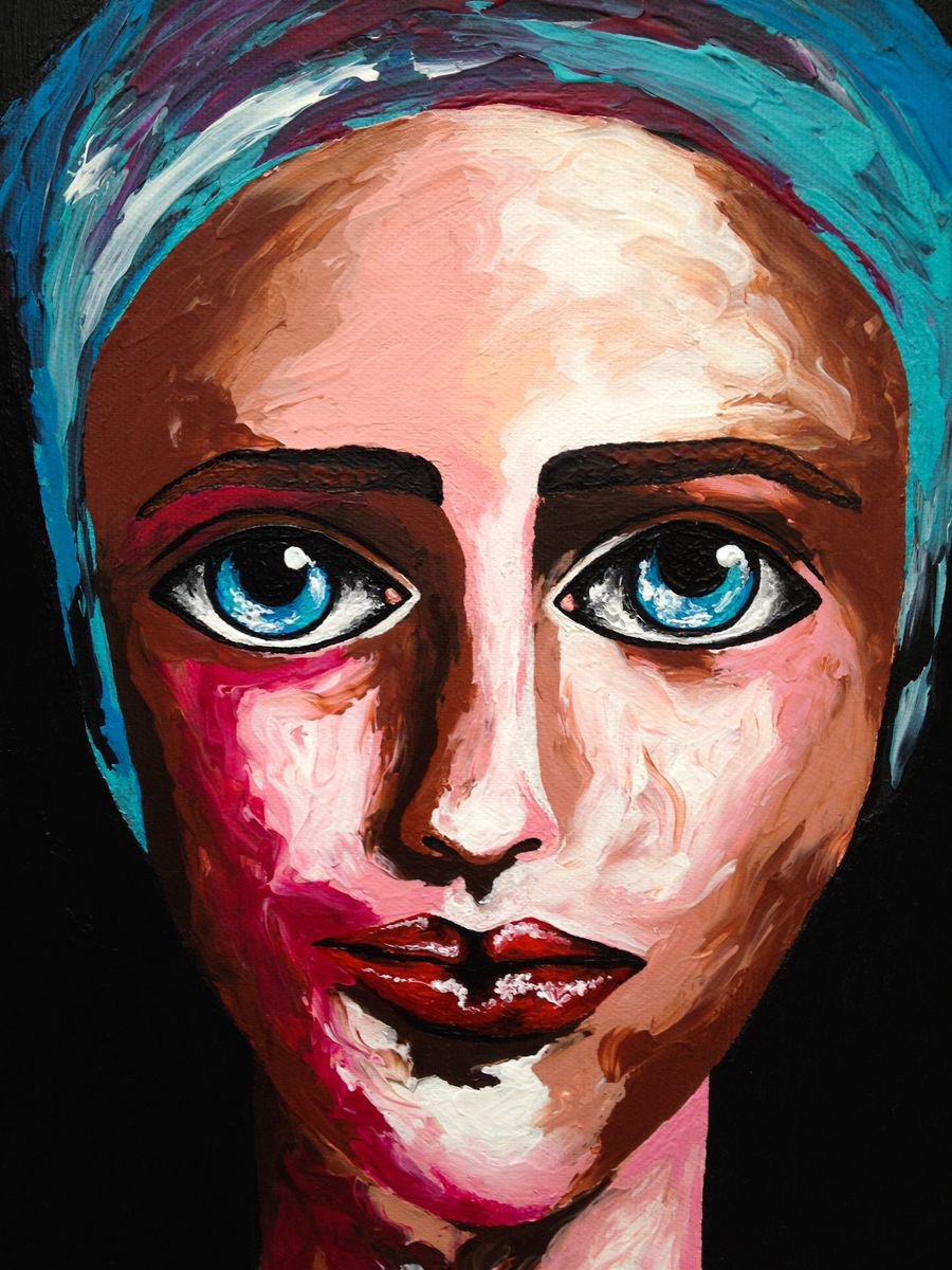 Portrait Acrylic Painting By Christina Bilbili, 14 X 28, Deep In Her Blue Eyes, Original Artwork