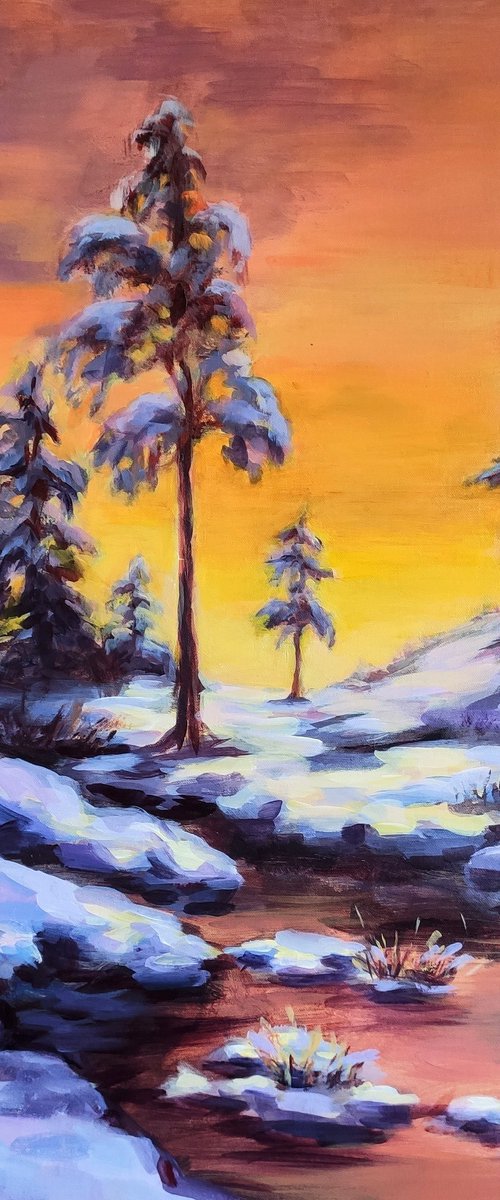 Winter sunset Landscape with trees under snow by Anastasia Art Line